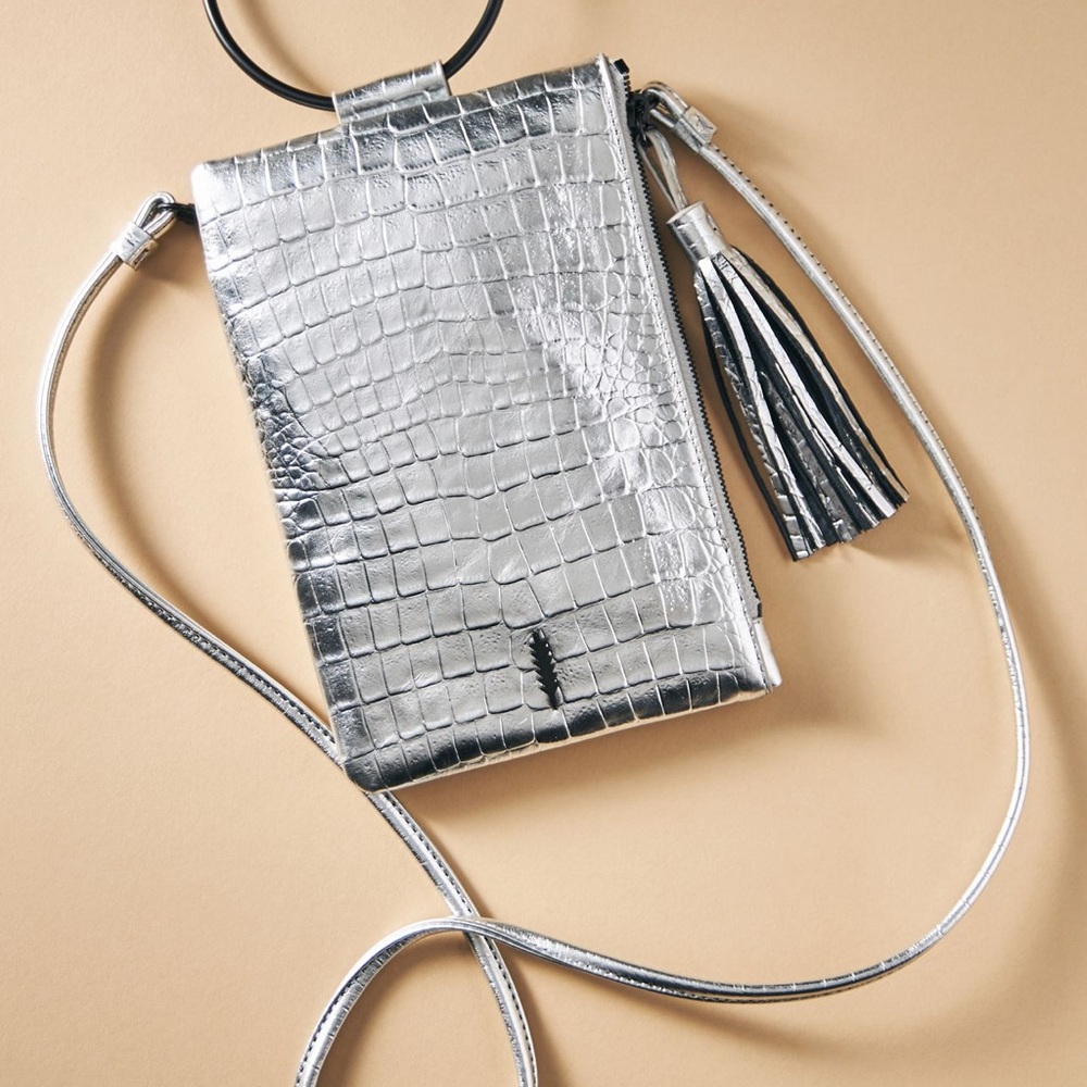 Thacker Nolita Silver Leather Croc-Embossed Ring Clutch